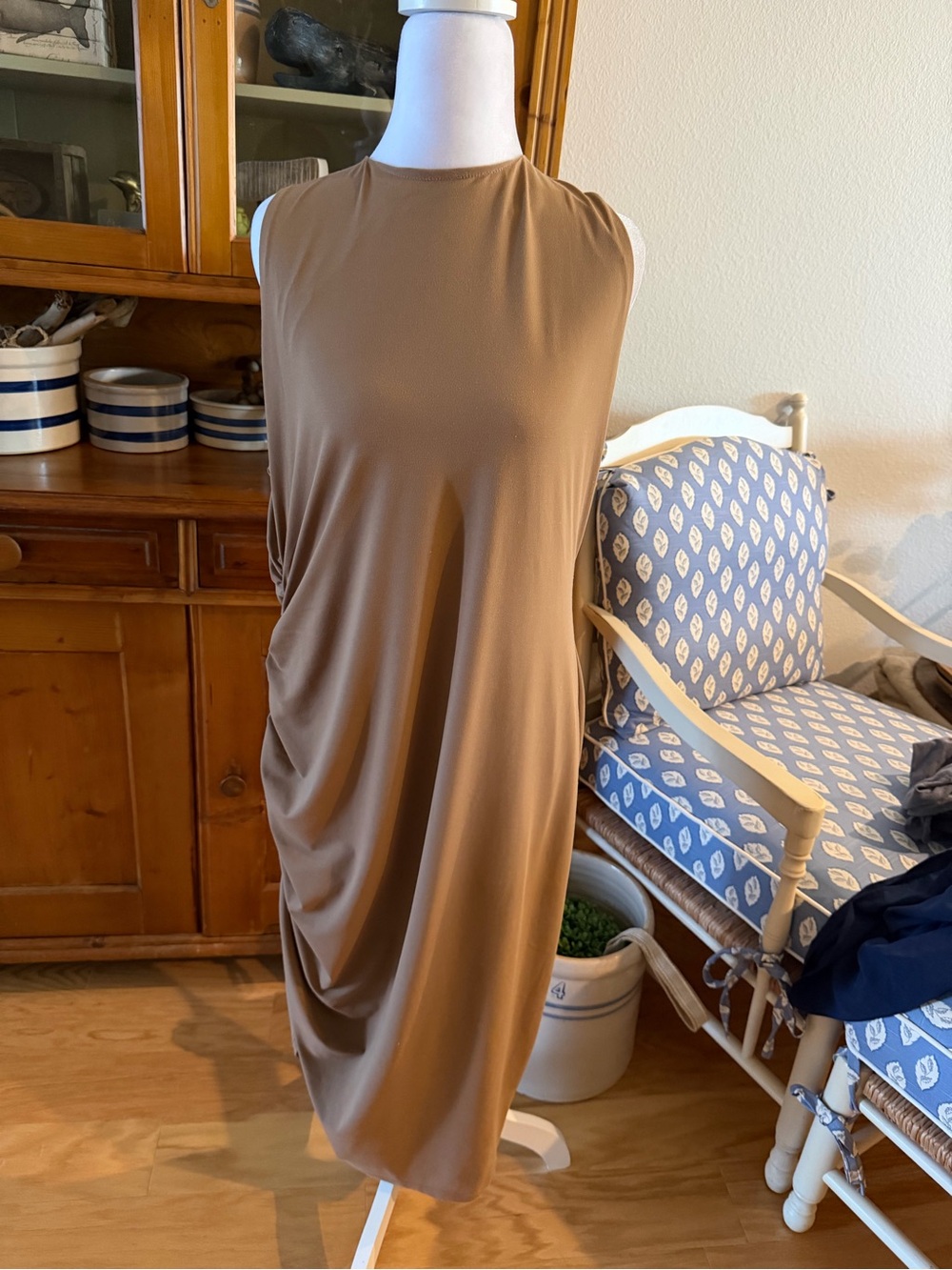 Kenneth Cole Sleeveless Draped Midi Dress in Camel Brown